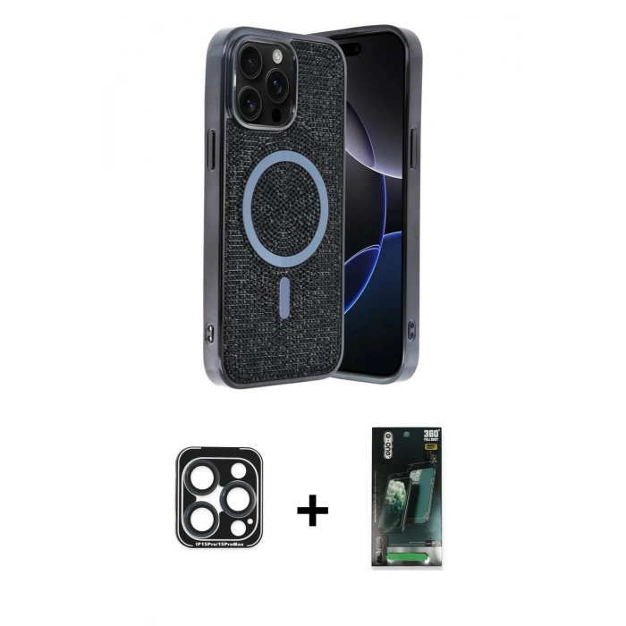 MARSİLYAN™- iPhone 15 Pro Max Kılıf Eksen Çizgi - Siyah 360 Mat Full Body Arka Koruyucu + Lacivert PVD Metal Kamera Lens