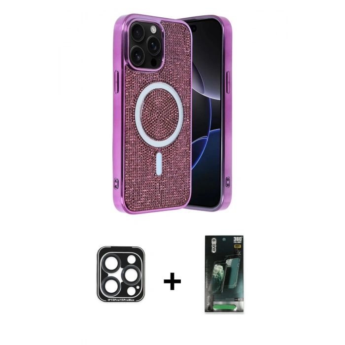 MARSİLYAN™- iPhone 15 Pro Max Kılıf Eksen Çizgi - Siyah 360 Mat Full Body Arka Koruyucu + Lacivert PVD Metal Kamera Lens