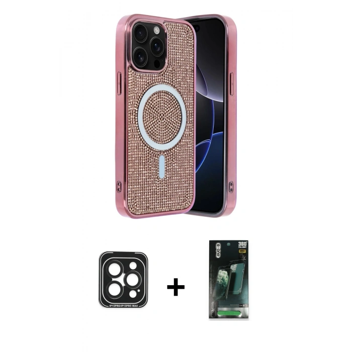 MARSİLYAN™- iPhone 15 Pro Max Kılıf Eksen Çizgi - Siyah 360 Mat Full Body Arka Koruyucu + PVD Metal Kamera Lens - SH