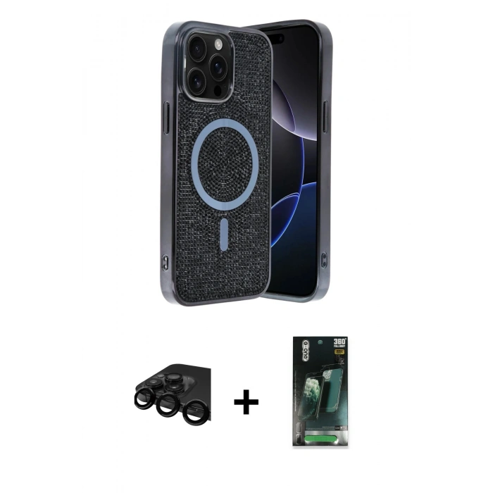 MARSİLYAN™- iPhone 15 Pro Max Kılıf Eksen Çizgi - Siyah 360 Mat Full Body Arka Koruyucu + Raze Metal Kamera Lens - SH