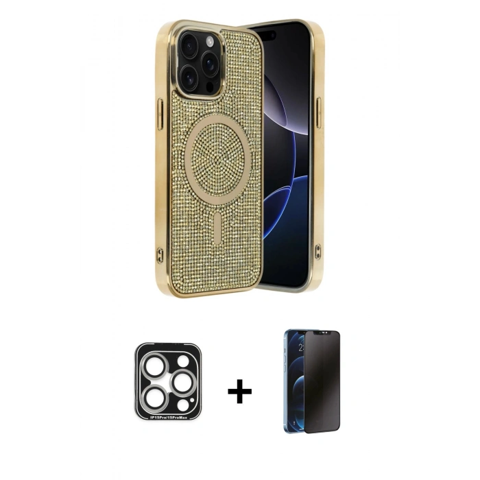 MARSİLYAN™- iPhone 15 Pro Max Kılıf Eksen Çizgi - Siyah 3D Antistatik Hayalet Cam Ekran Koruyucu + PVD Metal Kamera Lens - GS