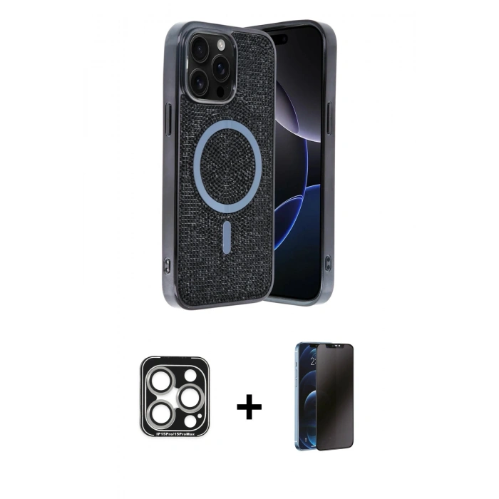 MARSİLYAN™- iPhone 15 Pro Max Kılıf Eksen Çizgi - Siyah 3D Antistatik Hayalet Cam Ekran Koruyucu + PVD Metal Kamera Lens - GS