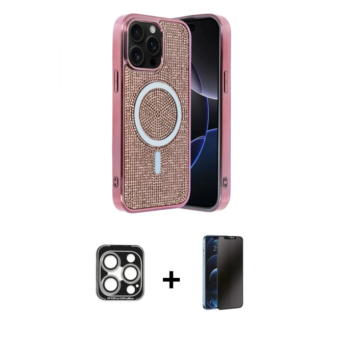 MARSİLYAN™- iPhone 15 Pro Max Kılıf Eksen Çizgi - Siyah 3D Antistatik Hayalet Cam Ekran Koruyucu + PVD Metal Kamera Lens - GS