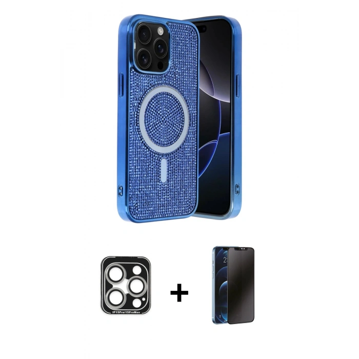MARSİLYAN™- iPhone 15 Pro Max Kılıf Eksen Çizgi - Siyah 3D Antistatik Hayalet Cam Ekran Koruyucu + PVD Metal Kamera Lens - GS