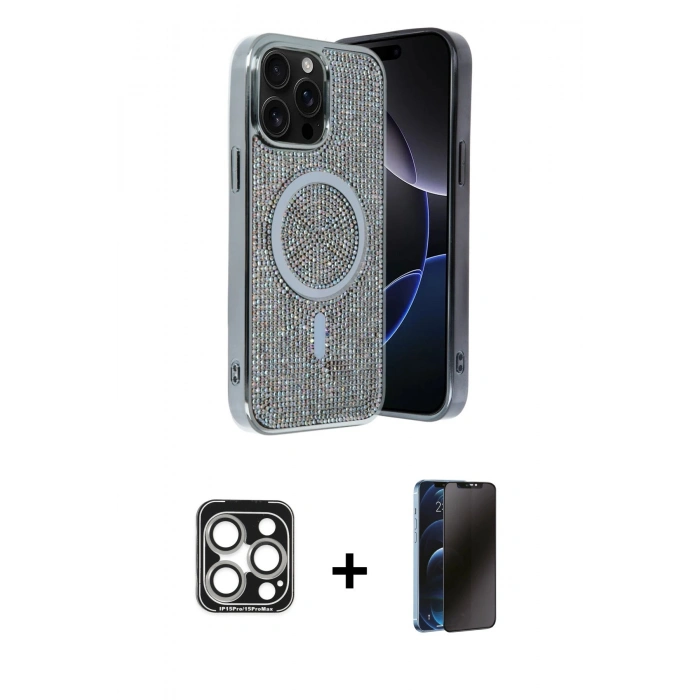 MARSİLYAN™- iPhone 15 Pro Max Kılıf Eksen Çizgi - Siyah 3D Antistatik Hayalet Cam Ekran Koruyucu + PVD Metal Kamera Lens - GS
