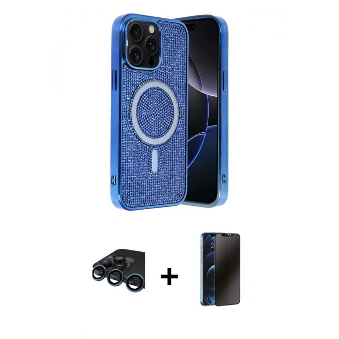 MARSİLYAN™- iPhone 15 Pro Max Kılıf Eksen Çizgi - Siyah 3D Antistatik Hayalet Cam Ekran Koruyucu + Raze Metal Kamera Lens - LT
