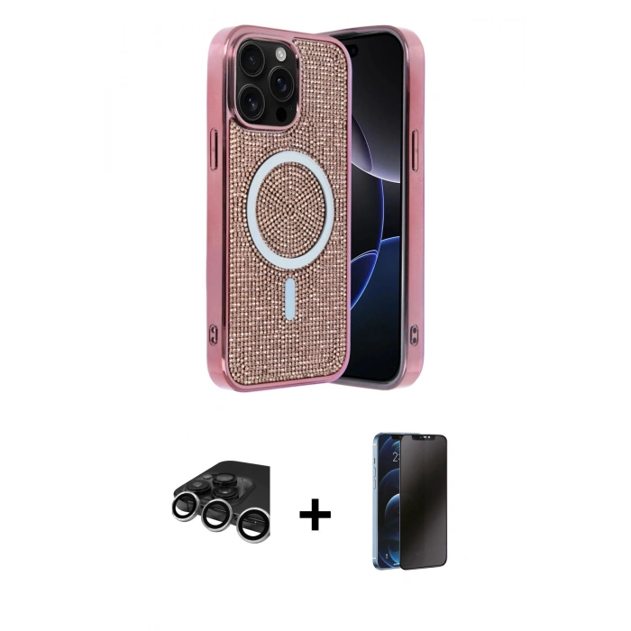 MARSİLYAN™- iPhone 15 Pro Max Kılıf Eksen Çizgi - Siyah 3D Antistatik Hayalet Cam Ekran Koruyucu + Raze Metal Kamera Lens - GS