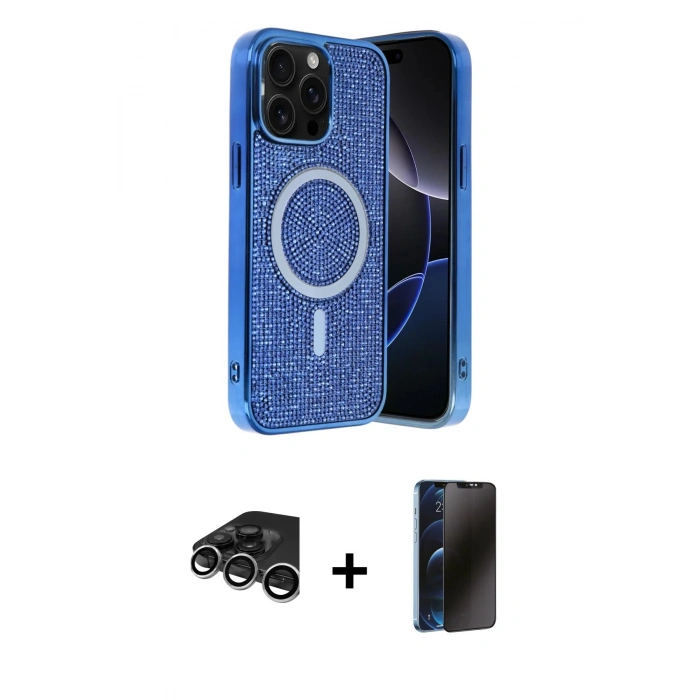 MARSİLYAN™- iPhone 15 Pro Max Kılıf Eksen Çizgi - Siyah 3D Antistatik Hayalet Cam Ekran Koruyucu + Raze Metal Kamera Lens - GS