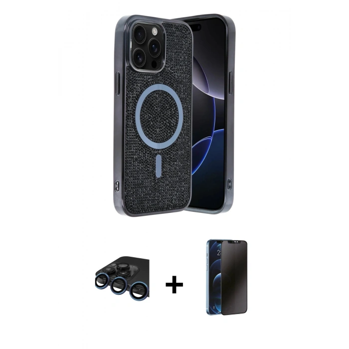 MARSİLYAN™- iPhone 15 Pro Max Kılıf Eksen Çizgi - Siyah 3D Antistatik Hayalet Cam Ekran Koruyucu + Raze Metal Kamera Lens - LT