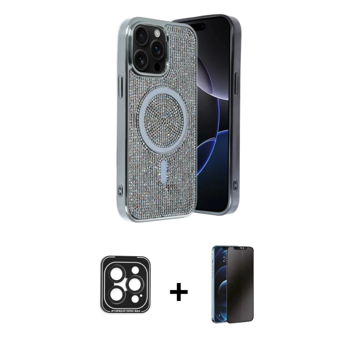 MARSİLYAN™- iPhone 15 Pro Max Kılıf Eksen Çizgi - Siyah 3D Antistatik Hayalet Cam Ekran Koruyucu + PVD Metal Kamera Lens - SH