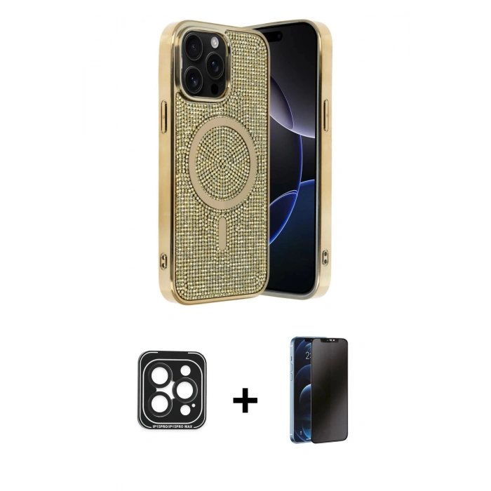 MARSİLYAN™- iPhone 15 Pro Max Kılıf Eksen Çizgi - Siyah 3D Antistatik Hayalet Cam Ekran Koruyucu + PVD Metal Kamera Lens - SH