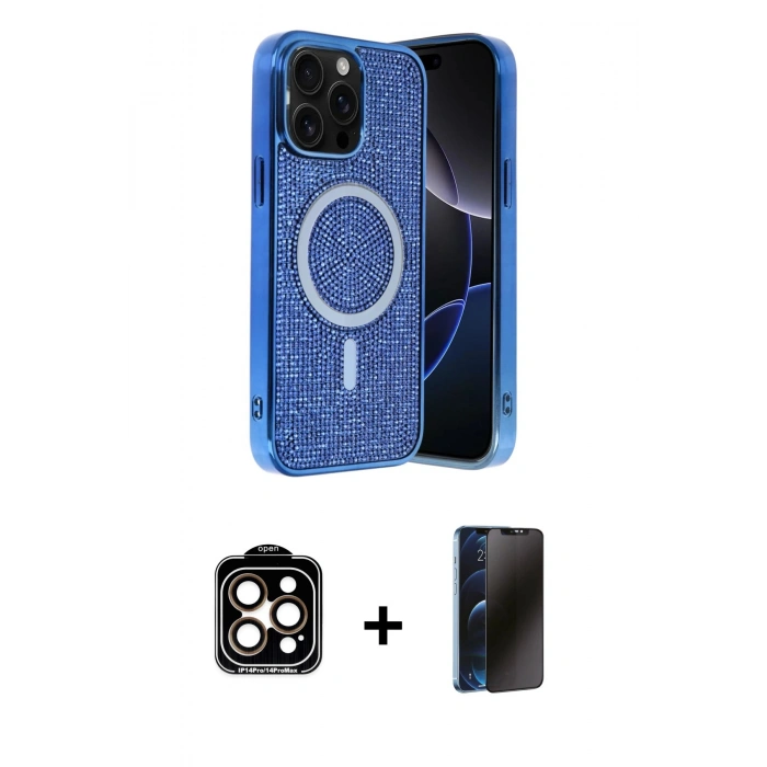MARSİLYAN™- iPhone 15 Pro Max Kılıf Eksen Çizgi - Siyah 3D Antistatik Hayalet Cam Ekran Koruyucu + Turuncu PVD Metal Kamera Lens
