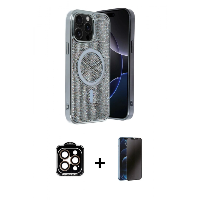 MARSİLYAN™- iPhone 15 Pro Max Kılıf Eksen Çizgi - Siyah 3D Antistatik Hayalet Cam Ekran Koruyucu + Turuncu PVD Metal Kamera Lens