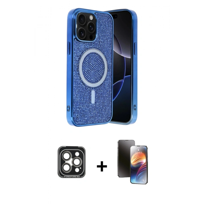 MARSİLYAN™- iPhone 15 Pro Max Kılıf Eksen Çizgi - Siyah 3D Antistatik Mat Seramik Nano Ekran Koruyucu + Gri PVD Metal Kamera Lens