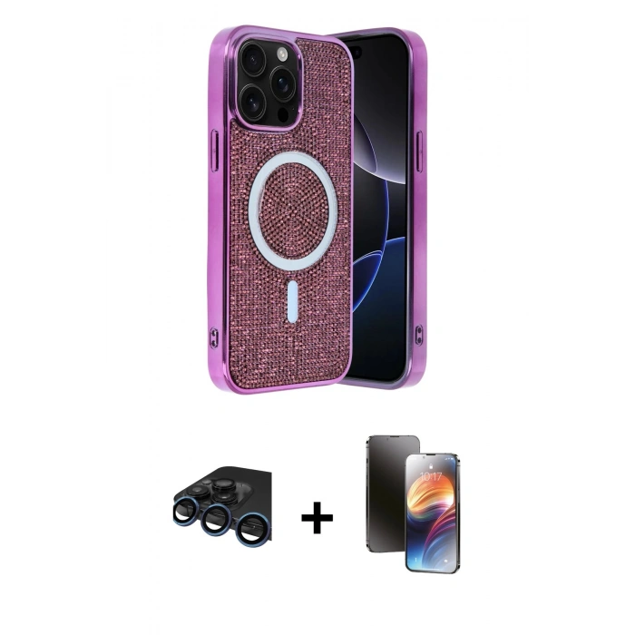 MARSİLYAN™- iPhone 15 Pro Max Kılıf Eksen Çizgi - Siyah 3D Antistatik Mat Seramik Nano Ekran Koruyucu + Lacivert Raze Metal Kamera Lens