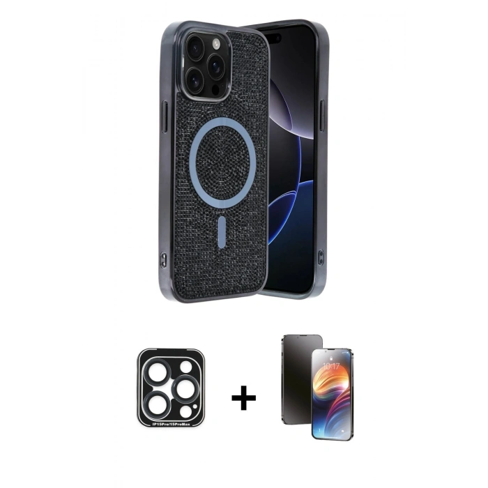 MARSİLYAN™- iPhone 15 Pro Max Kılıf Eksen Çizgi - Siyah 3D Antistatik Mat Seramik Nano Ekran Koruyucu + PVD Metal Kamera Lens - LT