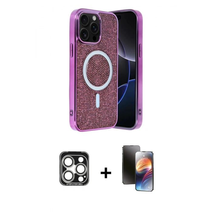MARSİLYAN™- iPhone 15 Pro Max Kılıf Eksen Çizgi - Siyah 3D Antistatik Mat Seramik Nano Ekran Koruyucu + PVD Metal Kamera Lens - GS