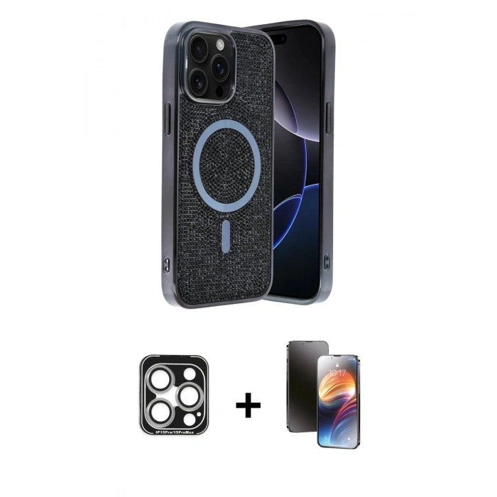 MARSİLYAN™- iPhone 15 Pro Max Kılıf Eksen Çizgi - Siyah 3D Antistatik Mat Seramik Nano Ekran Koruyucu + PVD Metal Kamera Lens - GS