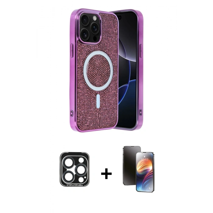 MARSİLYAN™- iPhone 15 Pro Max Kılıf Eksen Çizgi - Siyah 3D Antistatik Mat Seramik Nano Ekran Koruyucu + PVD Metal Kamera Lens - LT