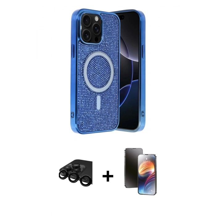 MARSİLYAN™- iPhone 15 Pro Max Kılıf Eksen Çizgi - Siyah 3D Antistatik Mat Seramik Nano Ekran Koruyucu + Raze Metal Kamera Lens - SH
