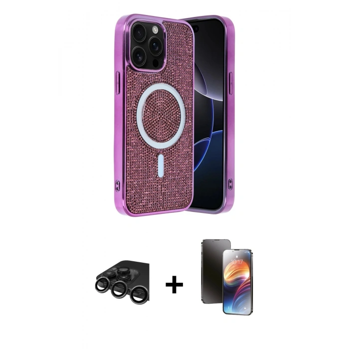 MARSİLYAN™- iPhone 15 Pro Max Kılıf Eksen Çizgi - Siyah 3D Antistatik Mat Seramik Nano Ekran Koruyucu + Raze Metal Kamera Lens - TMGI