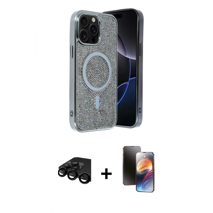 MARSİLYAN™- iPhone 15 Pro Max Kılıf Eksen Çizgi - Siyah 3D Antistatik Mat Seramik Nano Ekran Koruyucu + Raze Metal Kamera Lens - SH