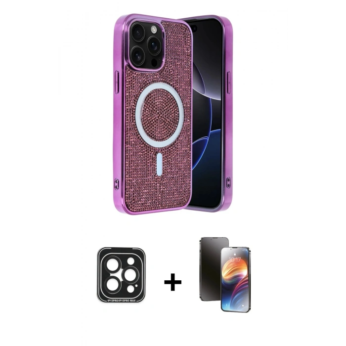 MARSİLYAN™- iPhone 15 Pro Max Kılıf Eksen Çizgi - Siyah 3D Antistatik Mat Seramik Nano Ekran Koruyucu + PVD Metal Kamera Lens - SH