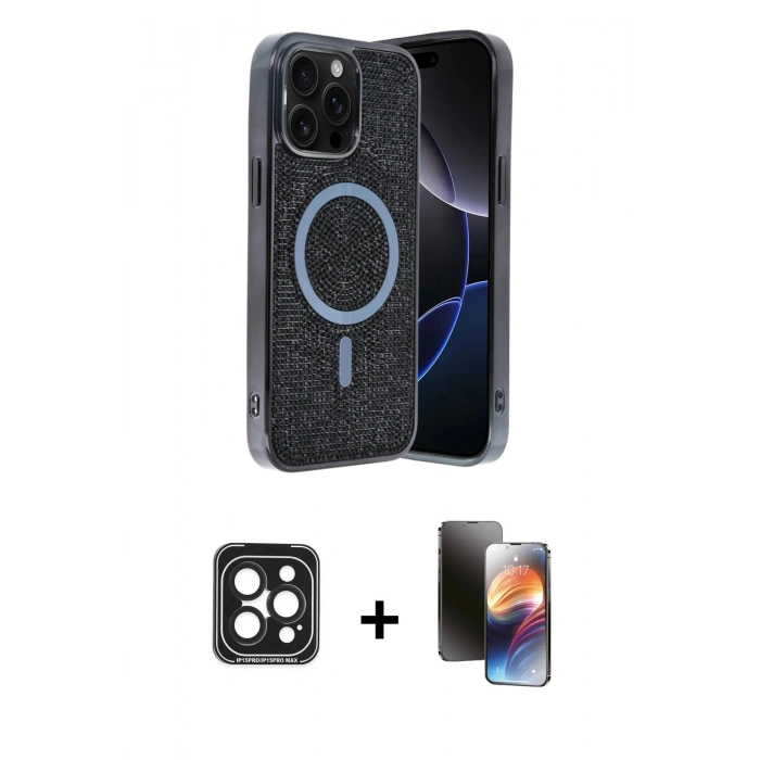 MARSİLYAN™- iPhone 15 Pro Max Kılıf Eksen Çizgi - Siyah 3D Antistatik Mat Seramik Nano Ekran Koruyucu + PVD Metal Kamera Lens - SH