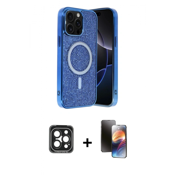 MARSİLYAN™- iPhone 15 Pro Max Kılıf Eksen Çizgi - Siyah 3D Antistatik Mat Seramik Nano Ekran Koruyucu + PVD Metal Kamera Lens - SH