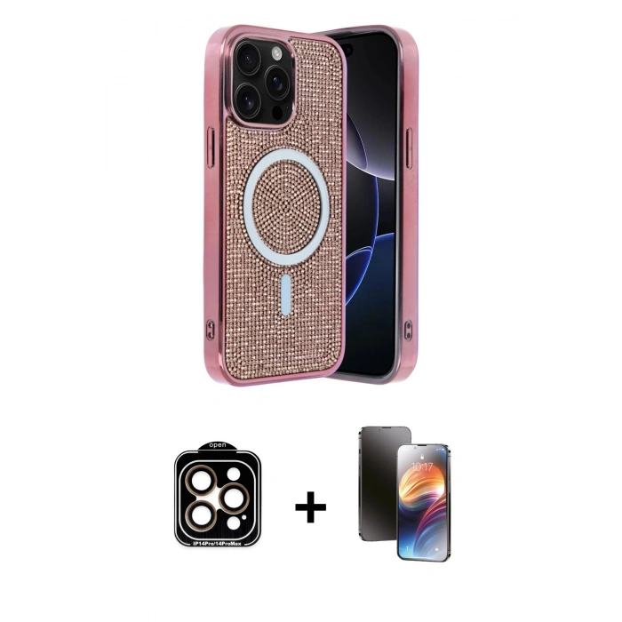 MARSİLYAN™- iPhone 15 Pro Max Kılıf Eksen Çizgi - Siyah 3D Antistatik Mat Seramik Nano Ekran Koruyucu + Turuncu PVD Metal Kamera Lens