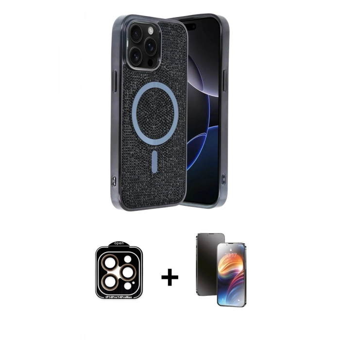 MARSİLYAN™- iPhone 15 Pro Max Kılıf Eksen Çizgi - Siyah 3D Antistatik Mat Seramik Nano Ekran Koruyucu + Turuncu PVD Metal Kamera Lens