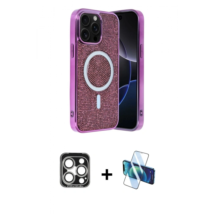 MARSİLYAN™- iPhone 15 Pro Max Kılıf Eksen Çizgi - Siyah 3D Antistatik Seramik Nano Ekran Koruyucu + PVD Metal Kamera Lens - GS