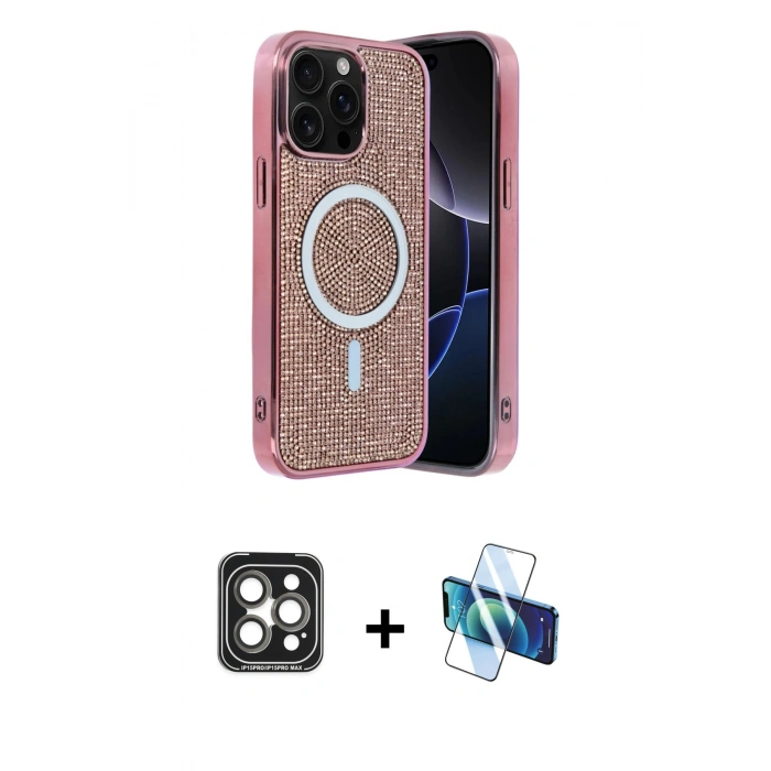 MARSİLYAN™- iPhone 15 Pro Max Kılıf Eksen Çizgi - Siyah 3D Antistatik Seramik Nano Ekran Koruyucu + PVD Metal Kamera Lens - GI