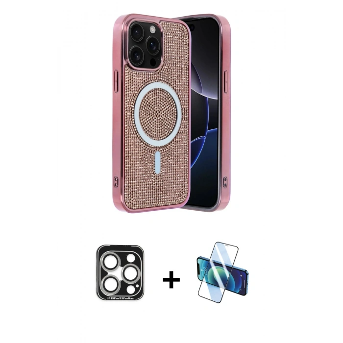 MARSİLYAN™- iPhone 15 Pro Max Kılıf Eksen Çizgi - Siyah 3D Antistatik Seramik Nano Ekran Koruyucu + PVD Metal Kamera Lens - GS