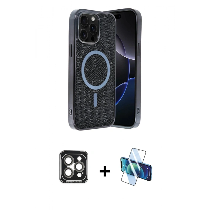 MARSİLYAN™- iPhone 15 Pro Max Kılıf Eksen Çizgi - Siyah 3D Antistatik Seramik Nano Ekran Koruyucu + PVD Metal Kamera Lens - GI