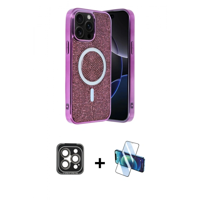 MARSİLYAN™- iPhone 15 Pro Max Kılıf Eksen Çizgi - Siyah 3D Antistatik Seramik Nano Ekran Koruyucu + PVD Metal Kamera Lens - GI