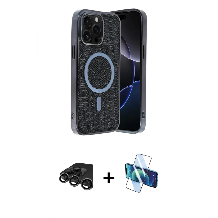 MARSİLYAN™- iPhone 15 Pro Max Kılıf Eksen Çizgi - Siyah 3D Antistatik Seramik Nano Ekran Koruyucu + Raze Metal Kamera Lens - TMGI