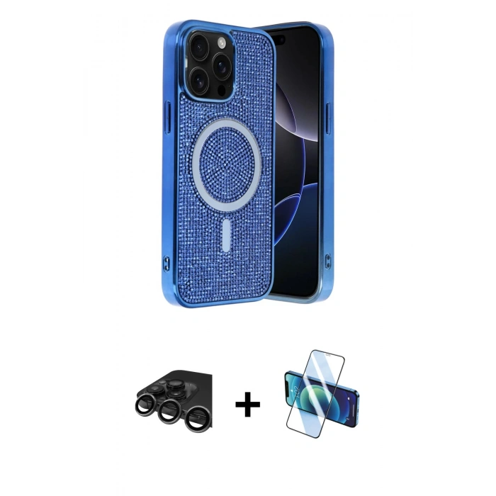 MARSİLYAN™- iPhone 15 Pro Max Kılıf Eksen Çizgi - Siyah 3D Antistatik Seramik Nano Ekran Koruyucu + Raze Metal Kamera Lens - TMGI