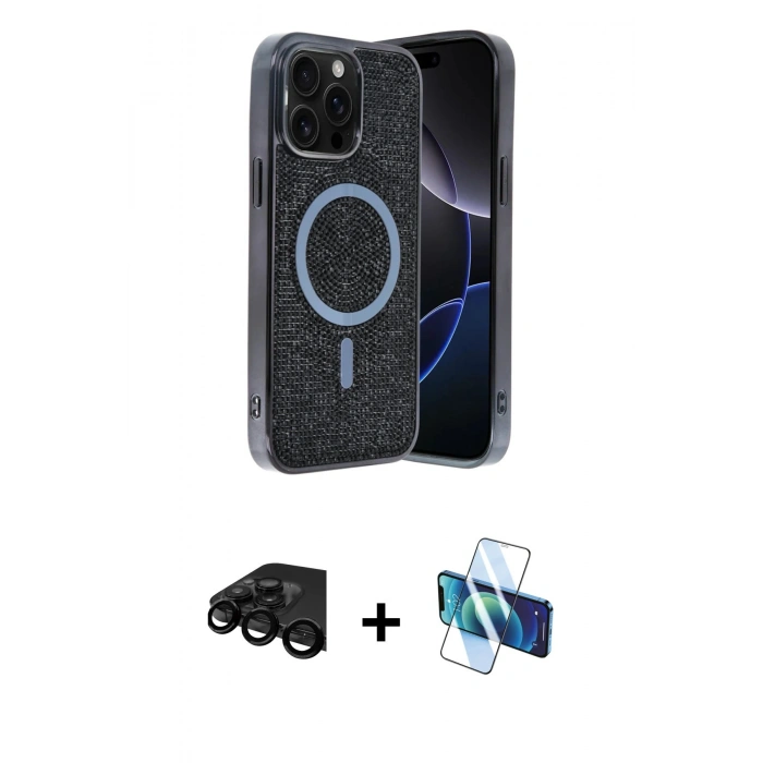 MARSİLYAN™- iPhone 15 Pro Max Kılıf Eksen Çizgi - Siyah 3D Antistatik Seramik Nano Ekran Koruyucu + Raze Metal Kamera Lens - SH