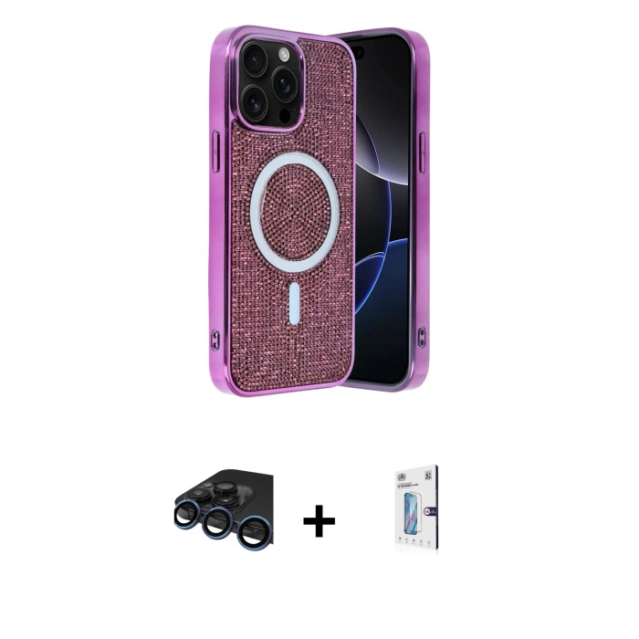 MARSİLYAN™- iPhone 15 Pro Max Kılıf Eksen Çizgi - Siyah Bilvis 0.18mm Plus Cam Ekran Koruyucu + Raze Metal Kamera Lens - LT