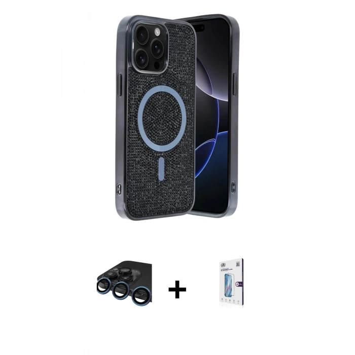 MARSİLYAN™- iPhone 15 Pro Max Kılıf Eksen Çizgi - Siyah Bilvis 0.18mm Plus Cam Ekran Koruyucu + Raze Metal Kamera Lens - LT
