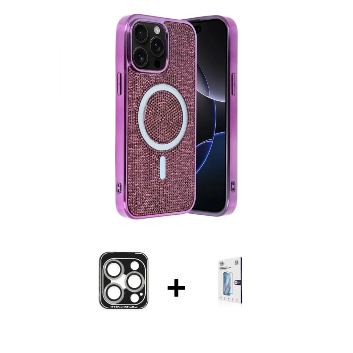 MARSİLYAN™- iPhone 15 Pro Max Kılıf Eksen Çizgi - Siyah Bilvis 0.18mm Plus Cam Ekran Koruyucu + PVD Metal Kamera Lens - GS