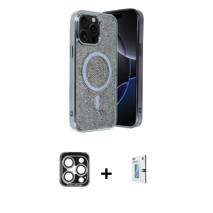 MARSİLYAN™- iPhone 15 Pro Max Kılıf Eksen Çizgi - Siyah Bilvis 0.18mm Plus Cam Ekran Koruyucu + PVD Metal Kamera Lens - GS