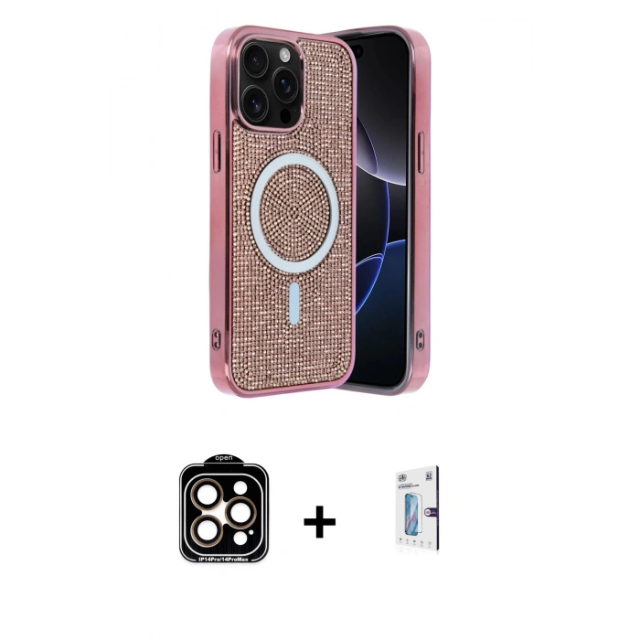 MARSİLYAN™- iPhone 15 Pro Max Kılıf Eksen Çizgi - Siyah Bilvis 0.18mm Plus Cam Ekran Koruyucu + PVD Metal Kamera Lens - TU