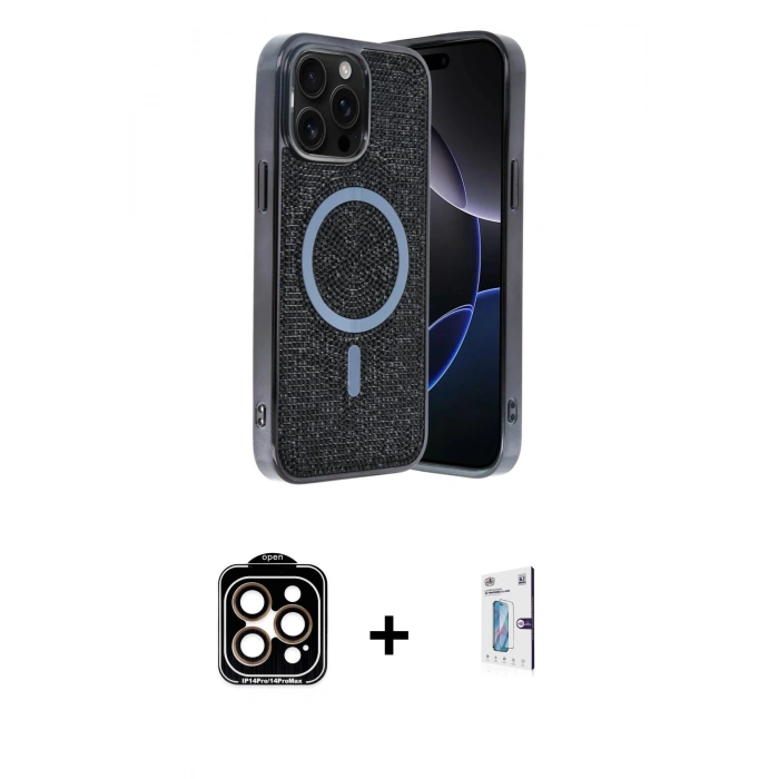 MARSİLYAN™- iPhone 15 Pro Max Kılıf Eksen Çizgi - Siyah Bilvis 0.18mm Plus Cam Ekran Koruyucu + PVD Metal Kamera Lens - TU