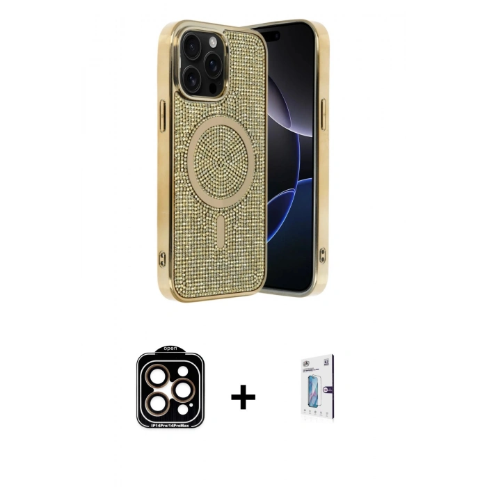 MARSİLYAN™- iPhone 15 Pro Max Kılıf Eksen Çizgi - Siyah Bilvis 0.18mm Plus Cam Ekran Koruyucu + PVD Metal Kamera Lens - TU