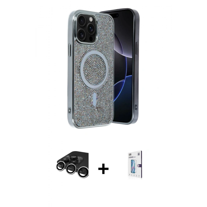 MARSİLYAN™- iPhone 15 Pro Max Kılıf Eksen Çizgi - Siyah Bilvis 0.18mm Plus Cam Ekran Koruyucu + Raze Metal Kamera Lens - GS