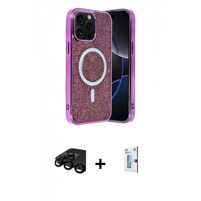 MARSİLYAN™- iPhone 15 Pro Max Kılıf Eksen Çizgi - Siyah Bilvis 0.18mm Plus Cam Ekran Koruyucu + Raze Metal Kamera Lens - SH