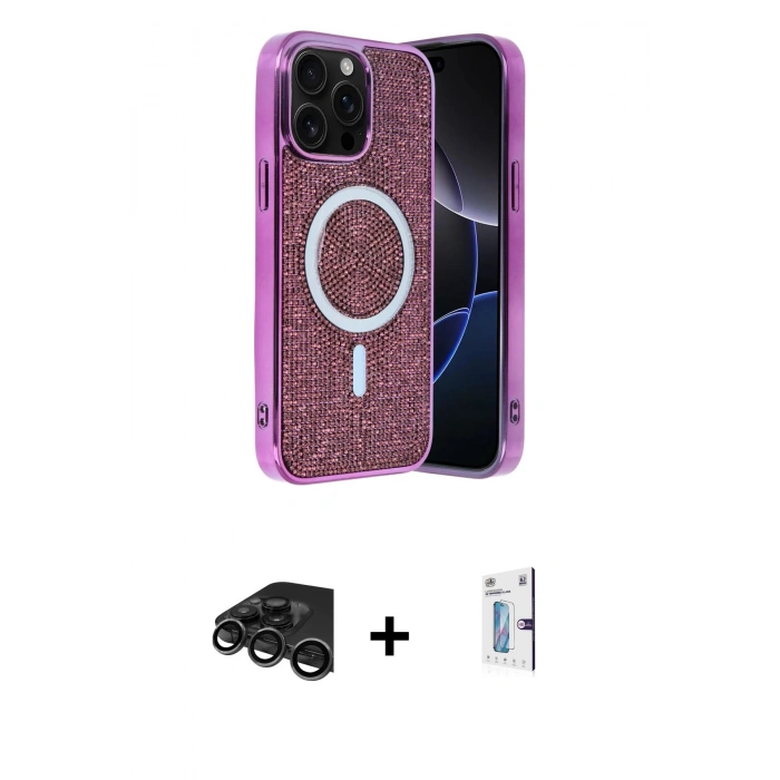 MARSİLYAN™- iPhone 15 Pro Max Kılıf Eksen Çizgi - Siyah Bilvis 0.18mm Plus Cam Ekran Koruyucu + Raze Metal Kamera Lens - TMGI