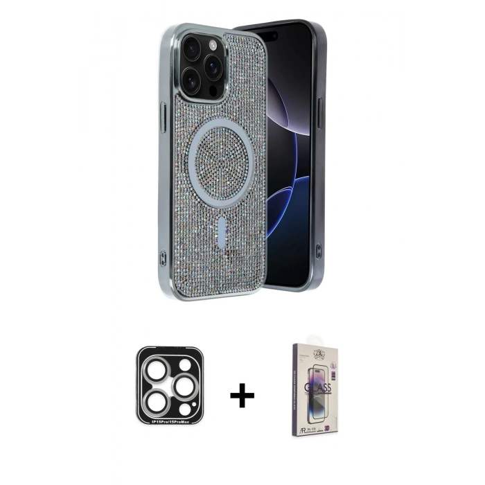 MARSİLYAN™- iPhone 15 Pro Max Kılıf Eksen Çizgi - Siyah Bilvis 3D Cam Ekran Koruyucu + PVD Metal Kamera Lens - GS